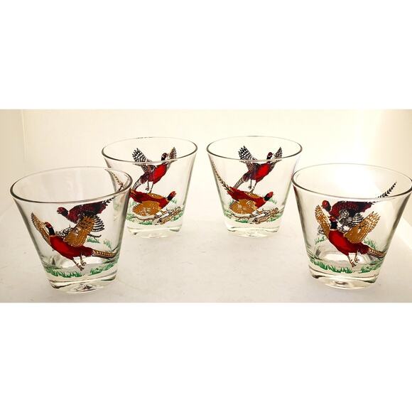 GLASSES/OLD FASHION/Vintage Pheasant-MCM-Hunting Barware-Red Gold-Set of 4 - Picture 1 of 14